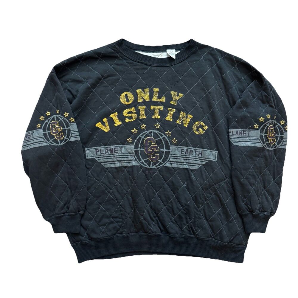 Vintage 80s CC Sport Quilted Sweatshirt Womens S Only Visiting Planet Earth USA